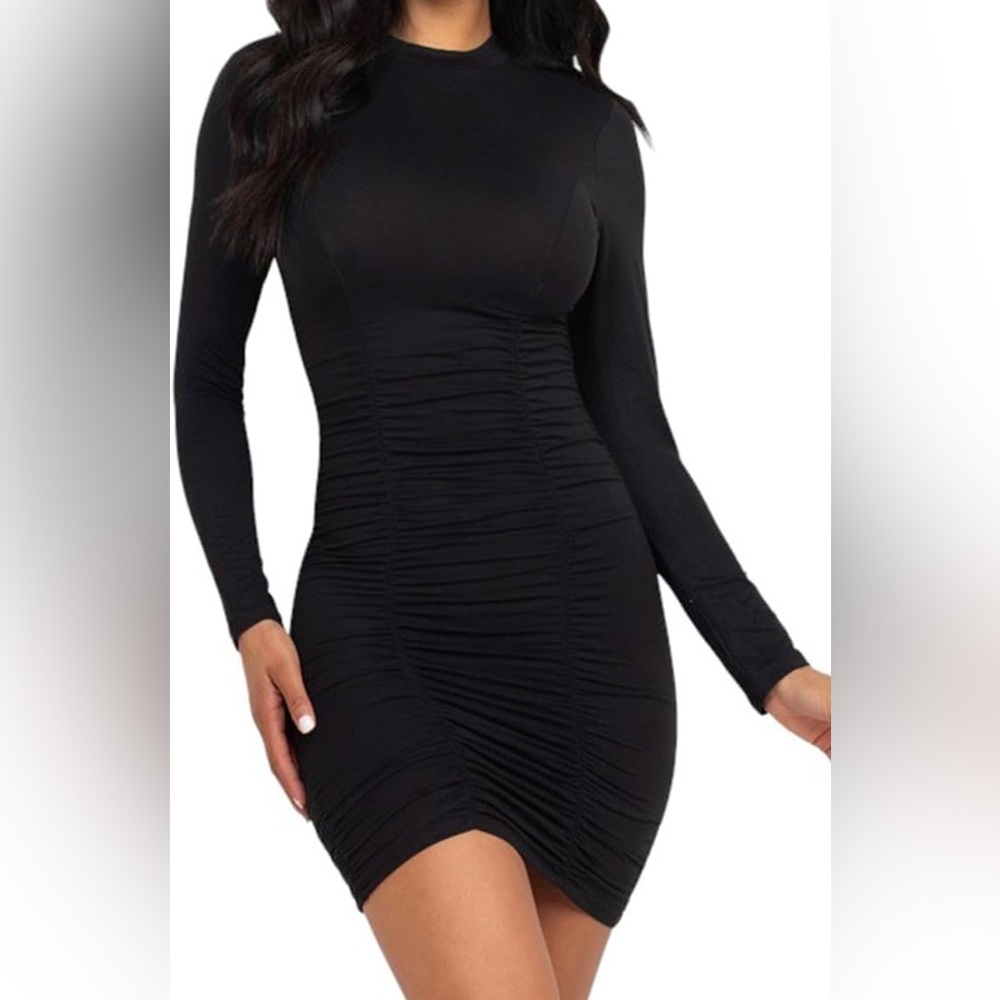 Mokoru Women's Long Sleeve Ruched Bodycon Black Mini Dress, NWOT, Size XL